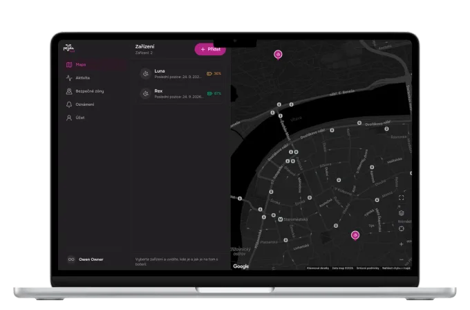 The Peyda Track app in a browser on a MacBook: the trackers Luna and Rex listed beside a map of their positions