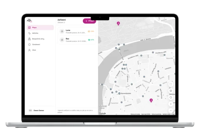 The Peyda Track app in a browser on a MacBook: the trackers Luna and Rex listed beside a map of their positions