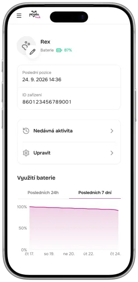 The Peyda Track app on an iPhone: a chart of Rex's tracker battery over the last 7 days