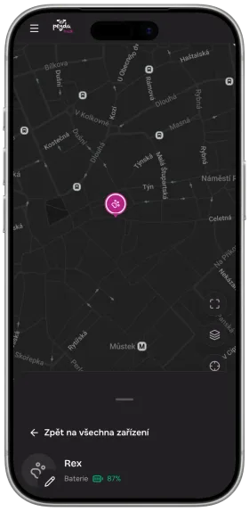 The Peyda Track app on an iPhone: a map with Rex the dog's position and a battery level of 87%