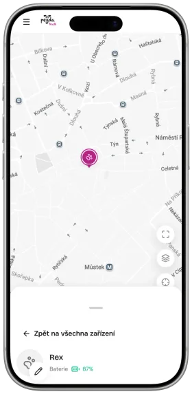 The Peyda Track app on an iPhone: a map with Rex the dog's position and a battery level of 87%