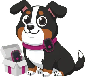 The mascot sitting by an open box with a new tracker