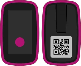 Der Tracker von vorne und von hinten, hinten ein silberner Aufkleber mit QR-Code